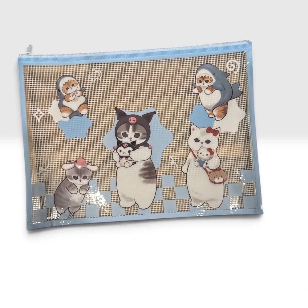 Mofusand Document and Mini Mesh Zip Pouch Bundle Blue Cat Stationery